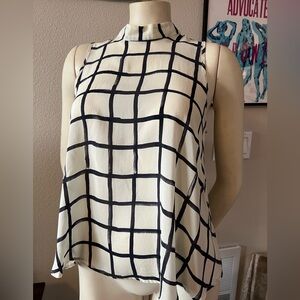 Maeve Anthropologie Silk Small Navy and Cream Checkered Blouse